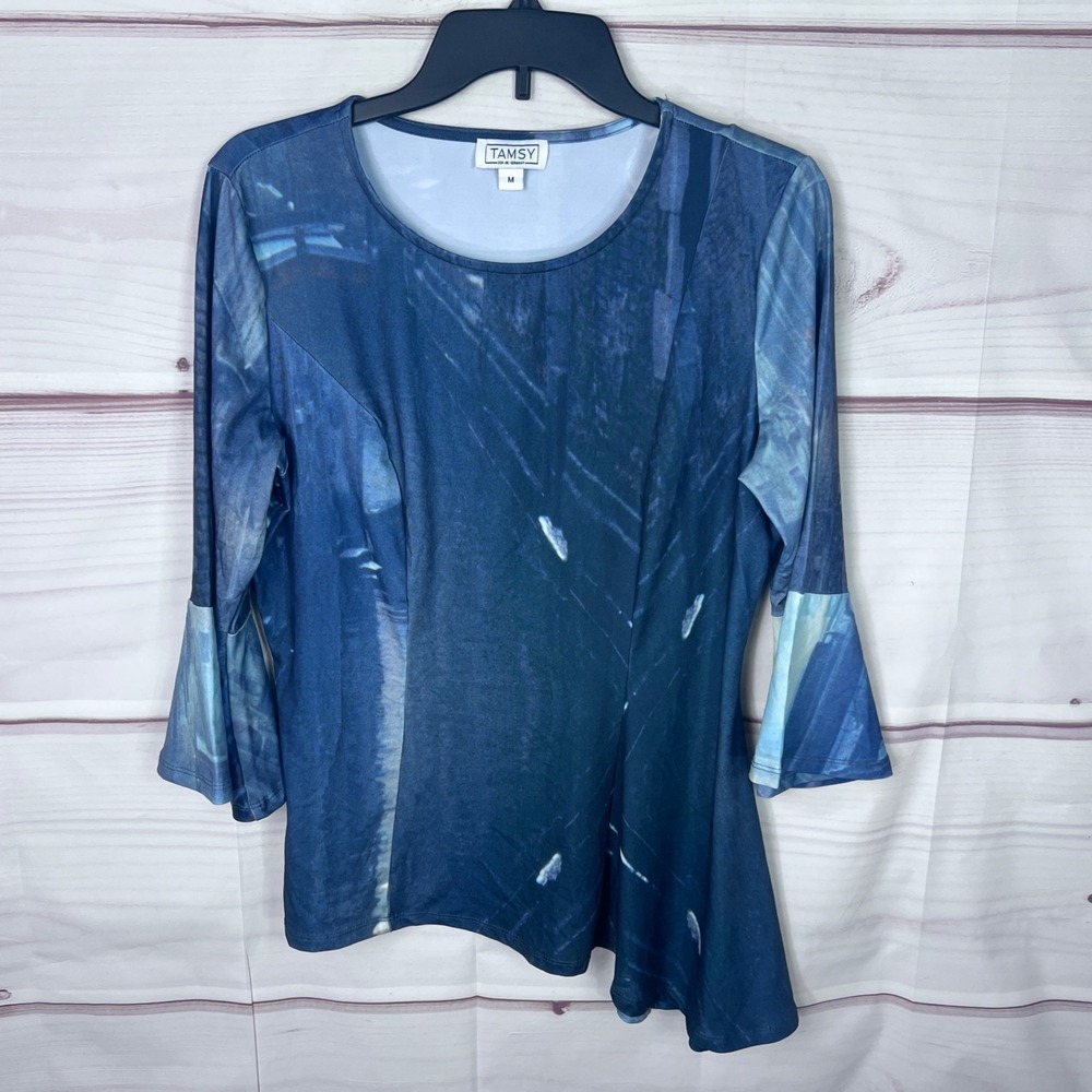 Tamsy Top Womens M Blue Green Artsy Print Blouse Flare Sleeve Asymmetrical Hem